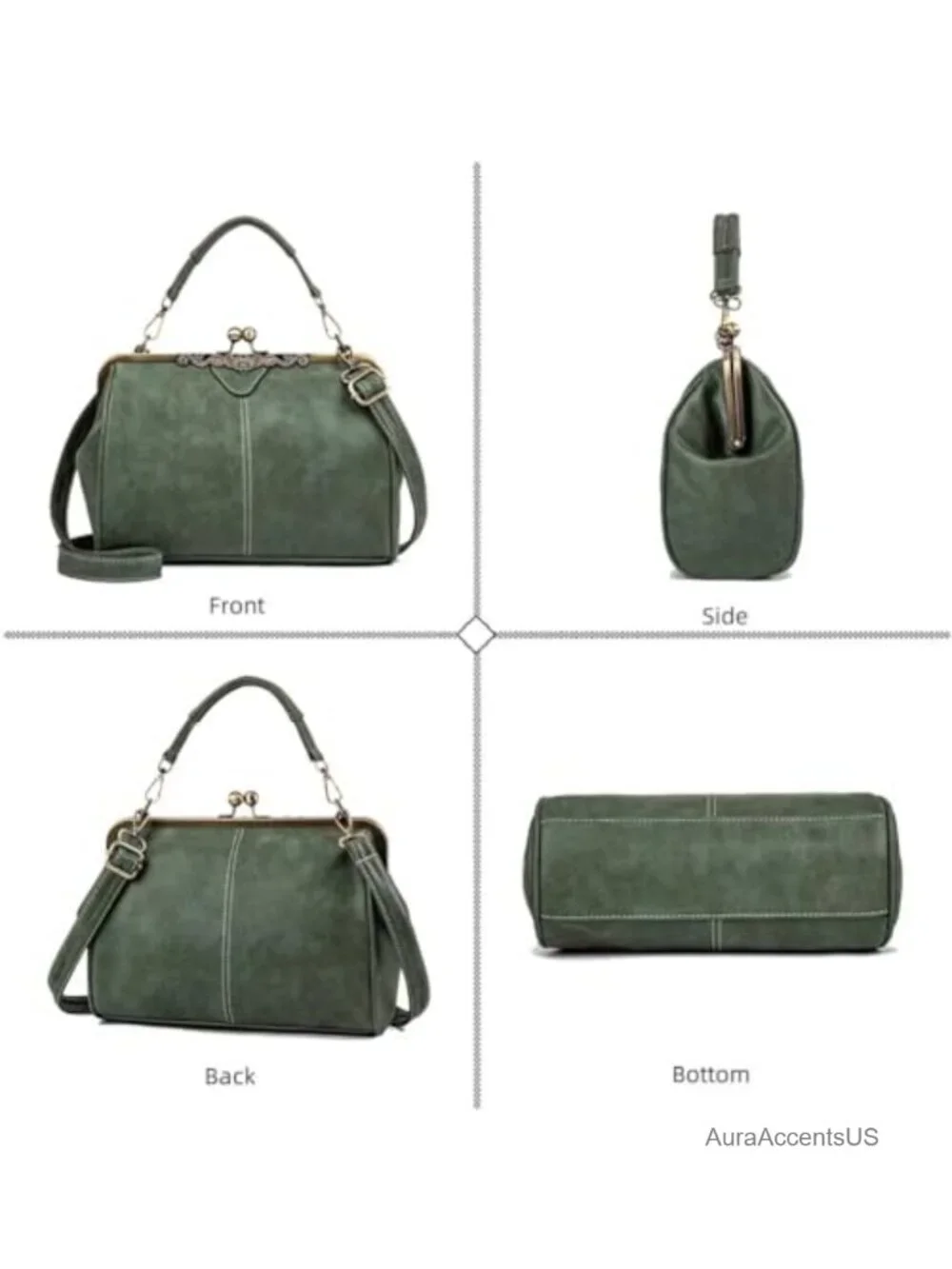 Vintage Kiss Lock Satchel Handbag Women Leather Shoulder Crossbody Purse